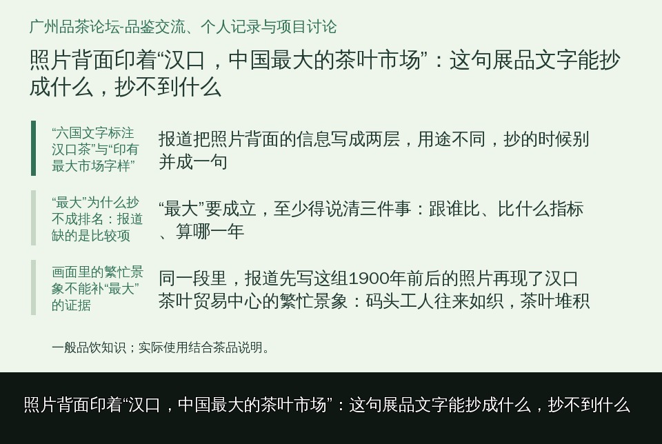 照片背面印着“汉口，中国最大的茶叶市场”：这句展品文字能抄成什么，抄不到什么的知识要点示意图